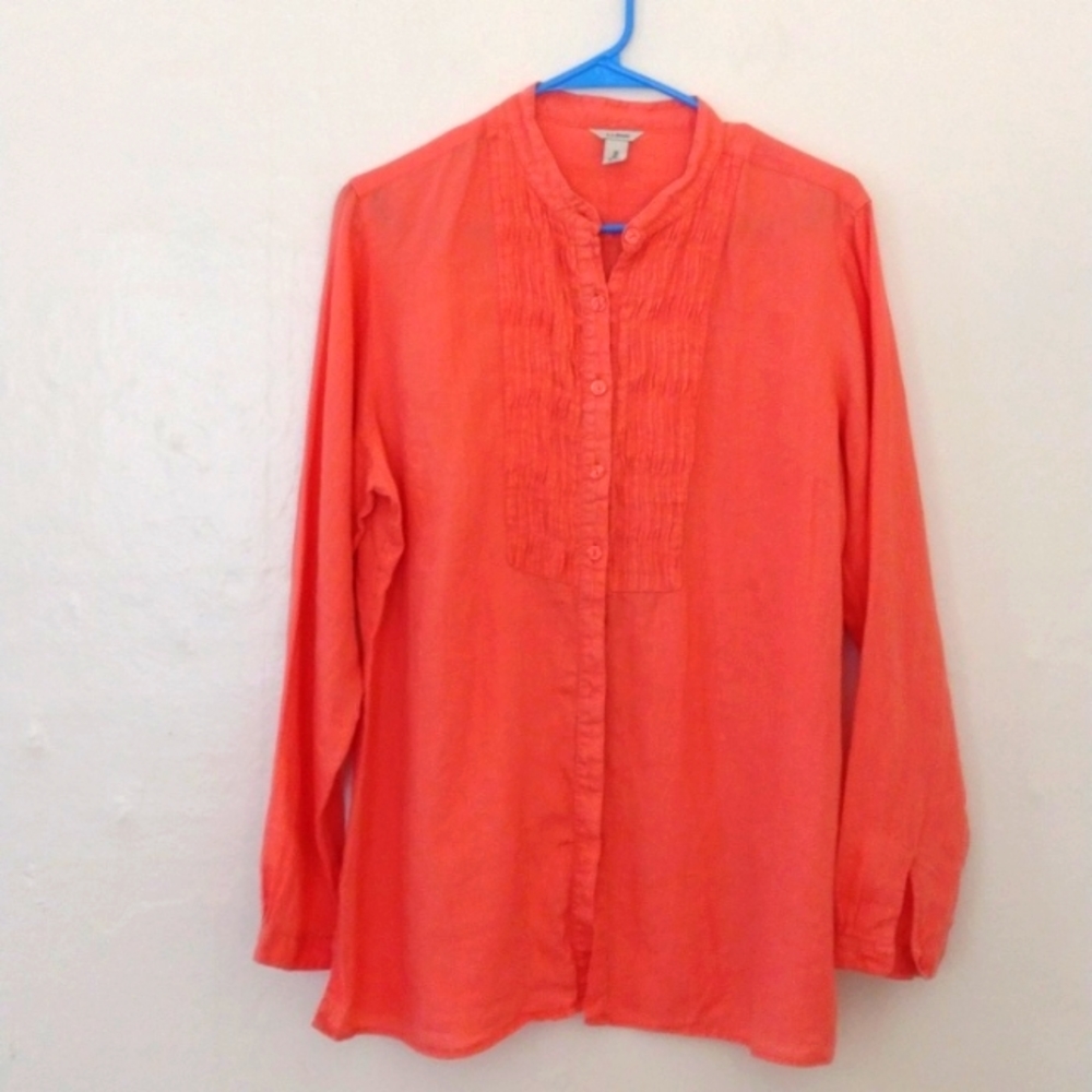 LL. Bean Vintage Orange Linen Button Front Bibbed Blouse Size M Oversized